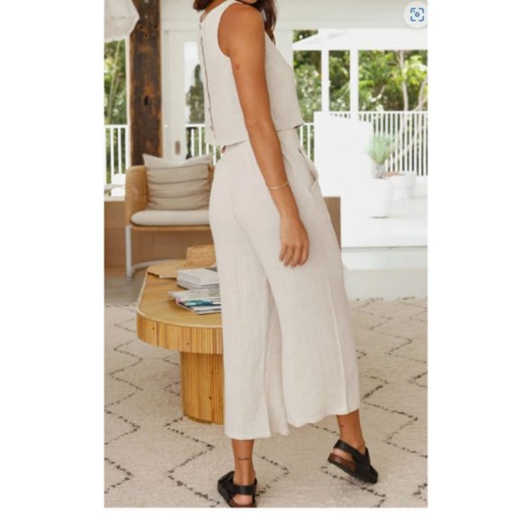 Cream Linen Tank Top Pants Set - Picture 3 of 4